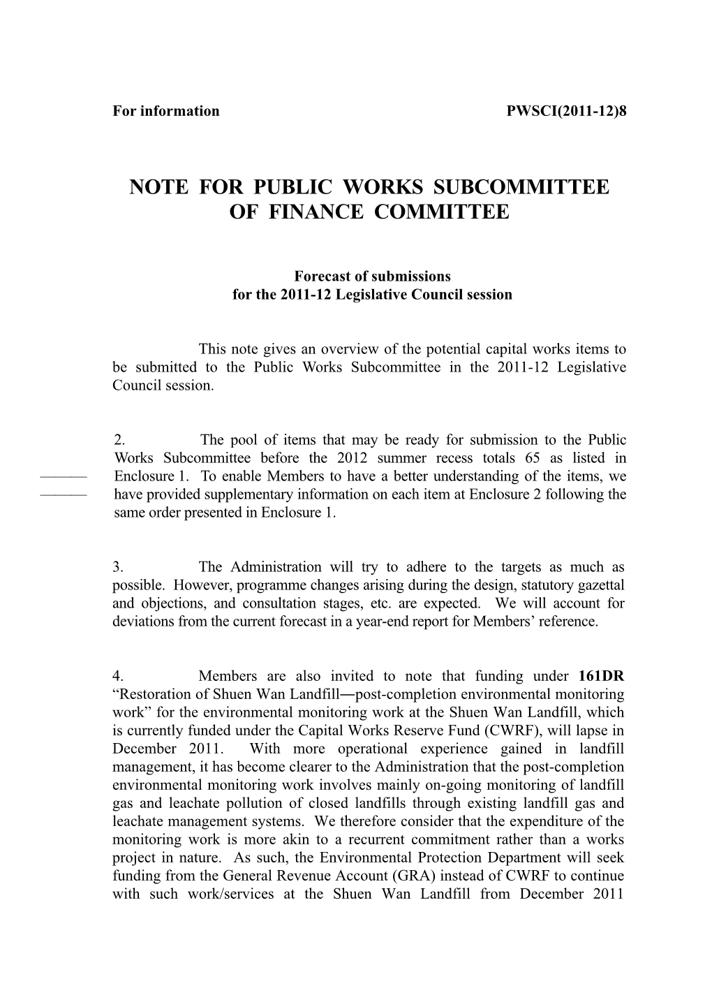 Note for Public Works Subcommittee of Finance Committee