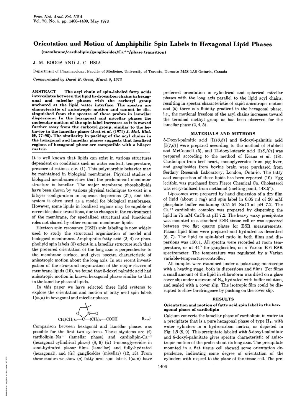 Orientation and Motion of Amphiphilic Spin Labels in Hexagonal Lipid Phases (Membrane/Cardiolipin/Gangliosides/Ca + +/Phase Transition) J