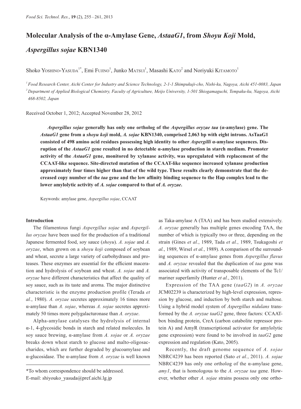 Molecular Analysis of the Α-Amylase Gene, Astaag1, from Shoyu Koji Mold