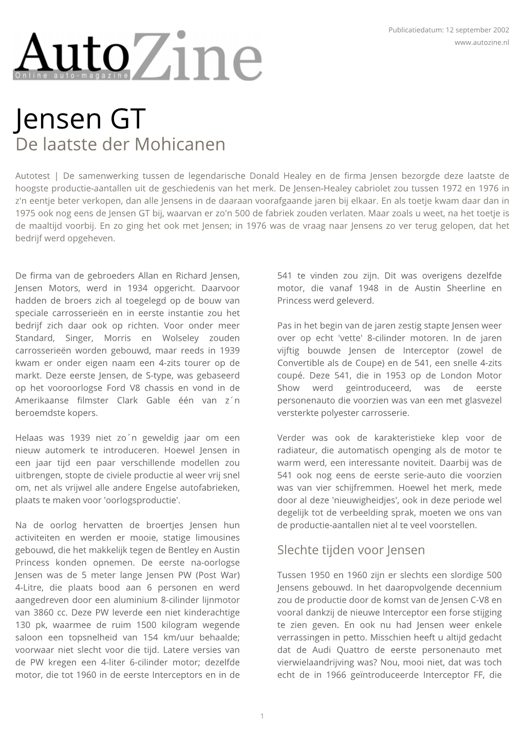Jensen GT De Laatste Der Mohicanen