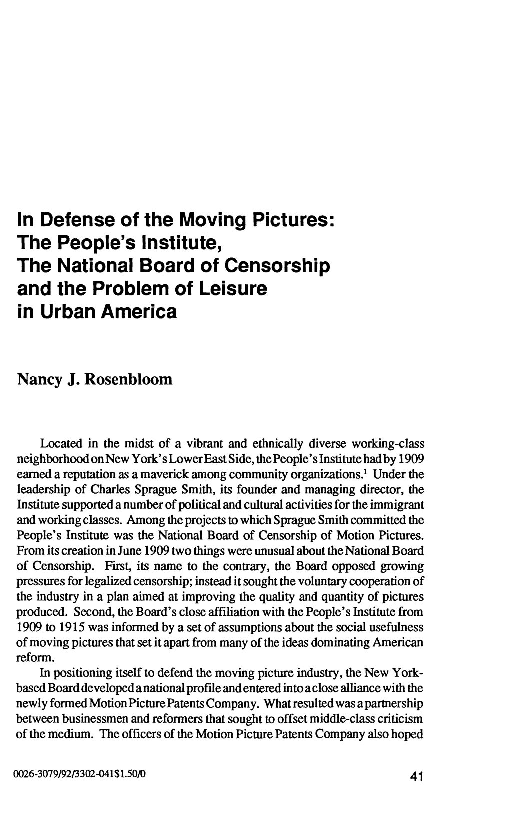 The People's Institute, the National Board of Censorship and the Problem of Leisure in Urban America