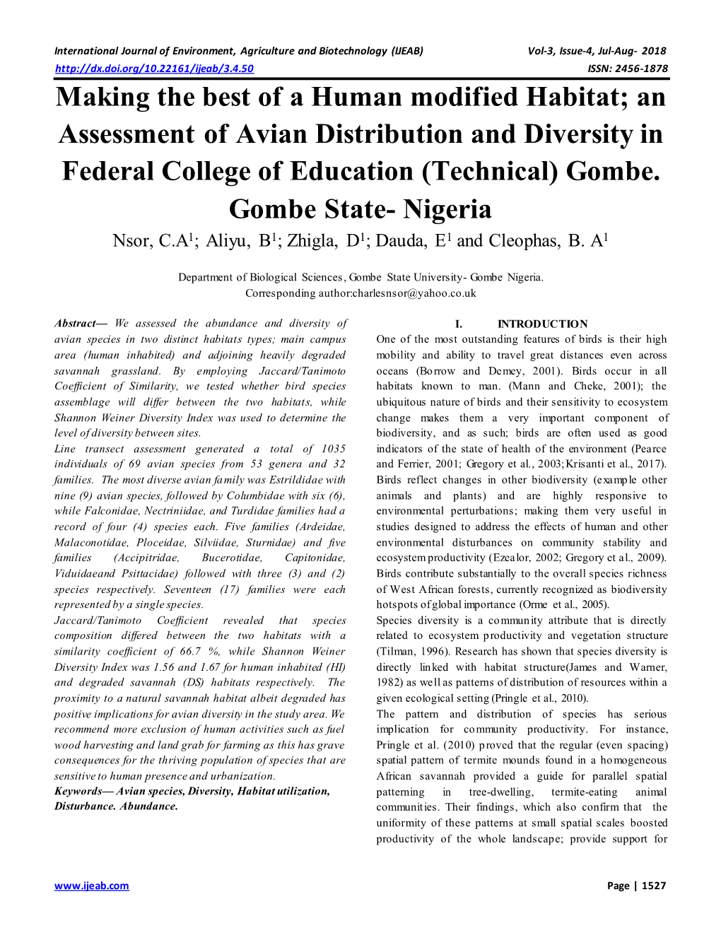 Making the Best of a Human Modified Habitat; an Assessment of Avian Distribution and Diversity in Federal College of Education (Technical) Gombe