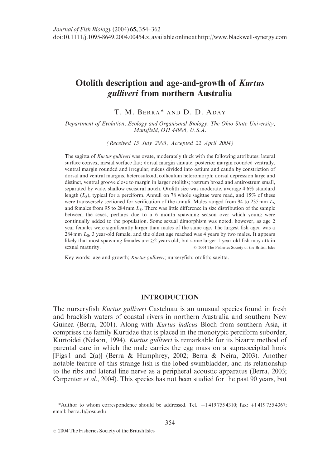 Otolith Description and Age-And-Growth of Kurtus Gulliveri from Northern Australia