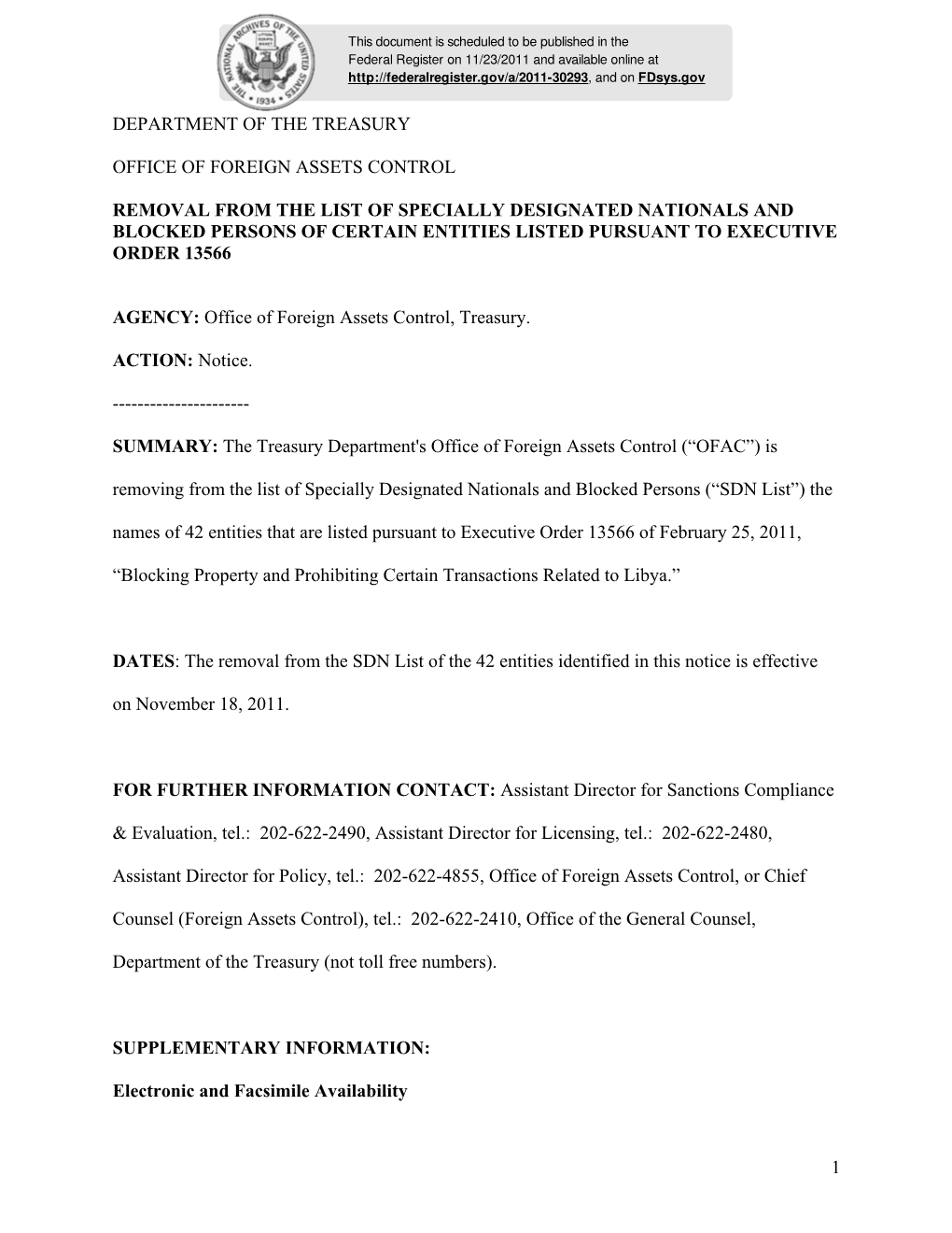 1 Department of the Treasury Office of Foreign Assets