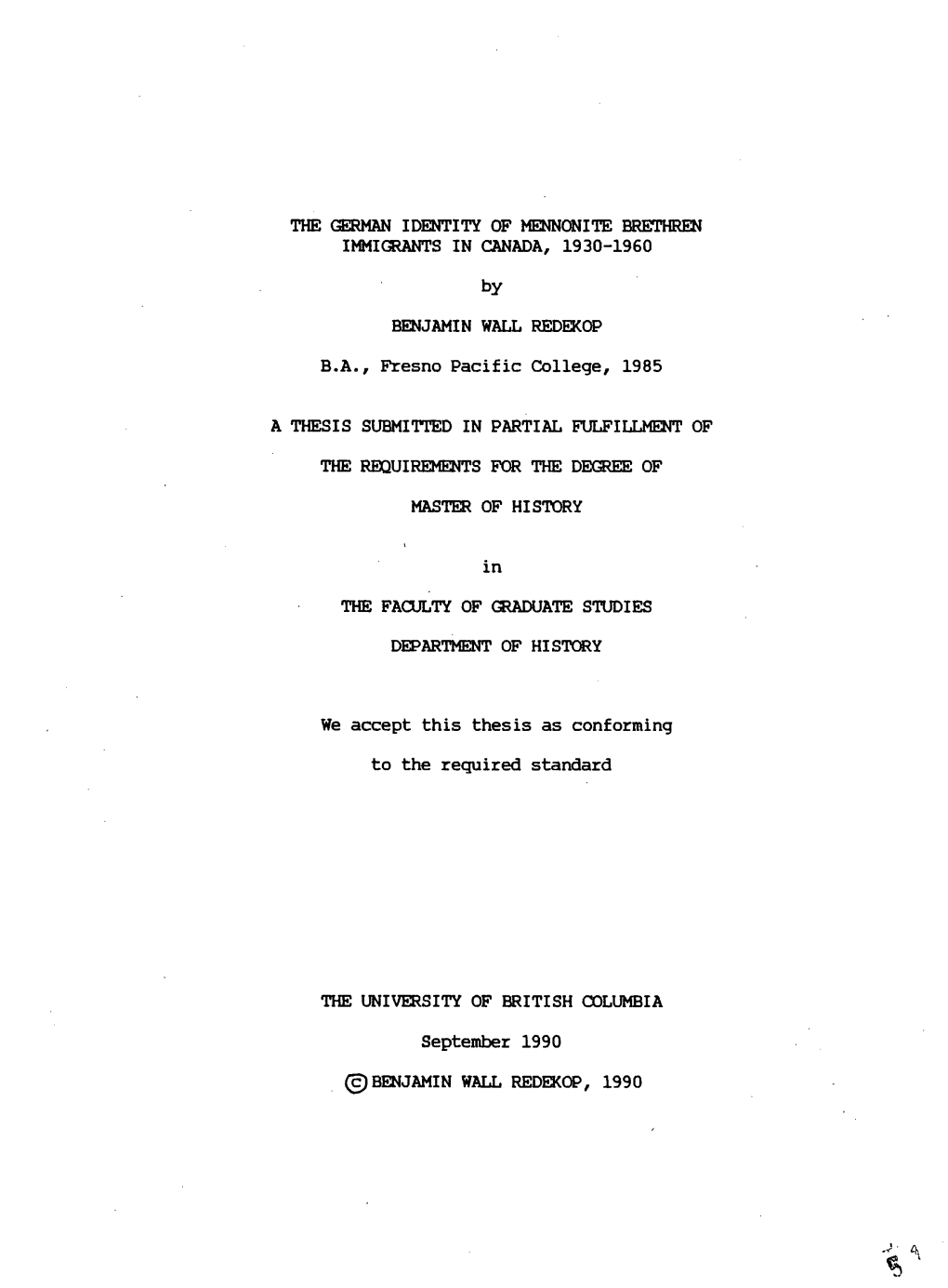 The German Identity Op Mennonite Brethren Immigrants in Canada, 1930-1960