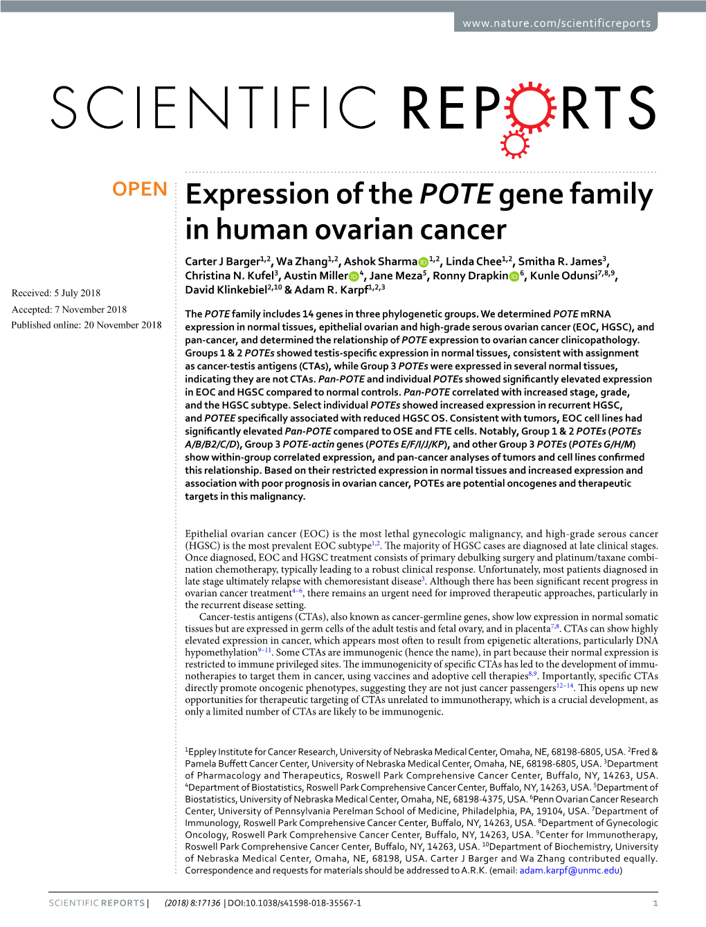 Expression of the POTE Gene Family in Human Ovarian Cancer Carter J Barger1,2, Wa Zhang1,2, Ashok Sharma 1,2, Linda Chee1,2, Smitha R