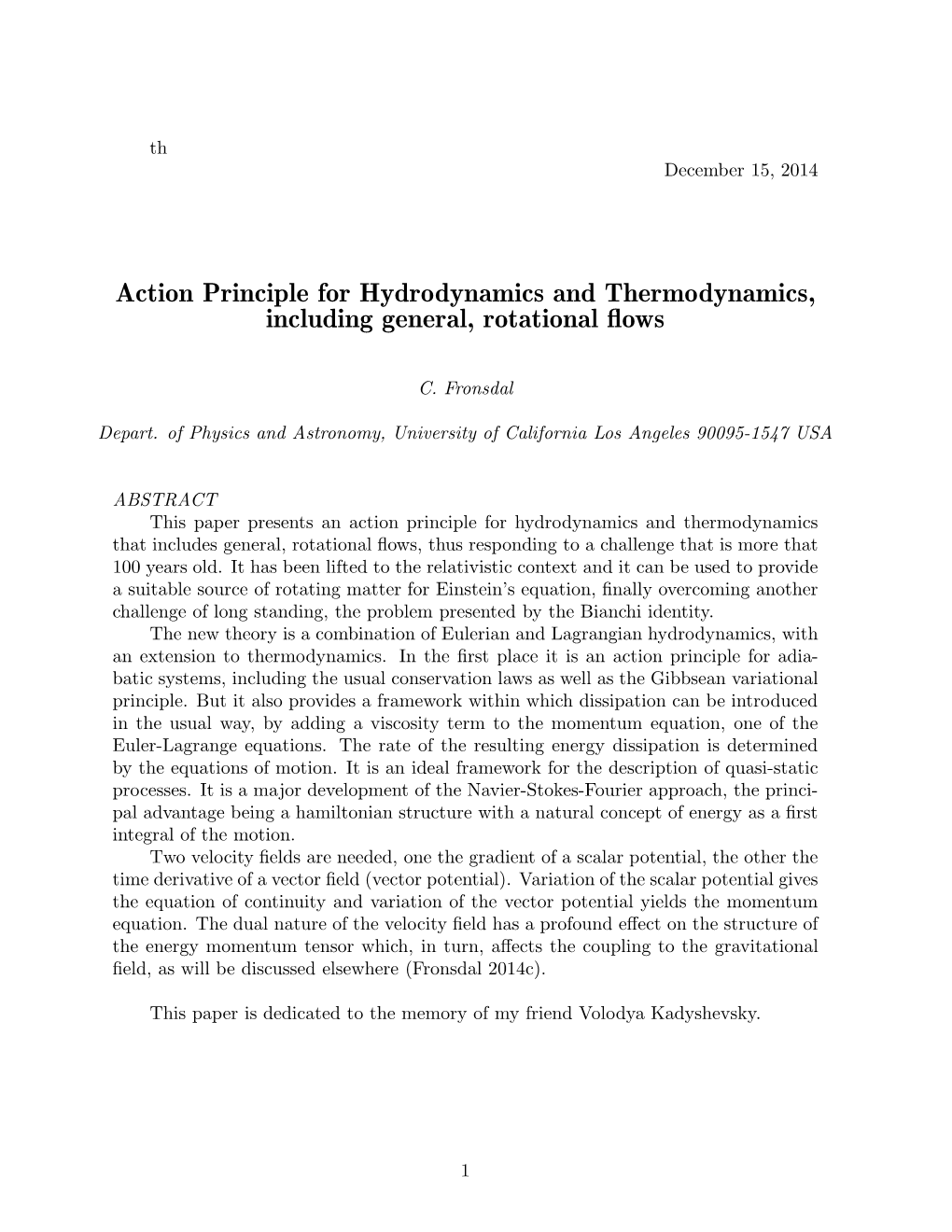 Action Principle for Hydrodynamics and Thermodynamics, Including General, Rotational Flows