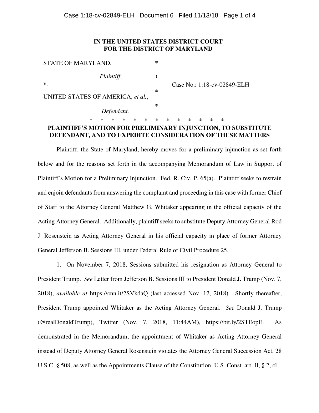 Case 1:18-Cv-02849-ELH Document 6 Filed 11/13/18 Page 1 of 4