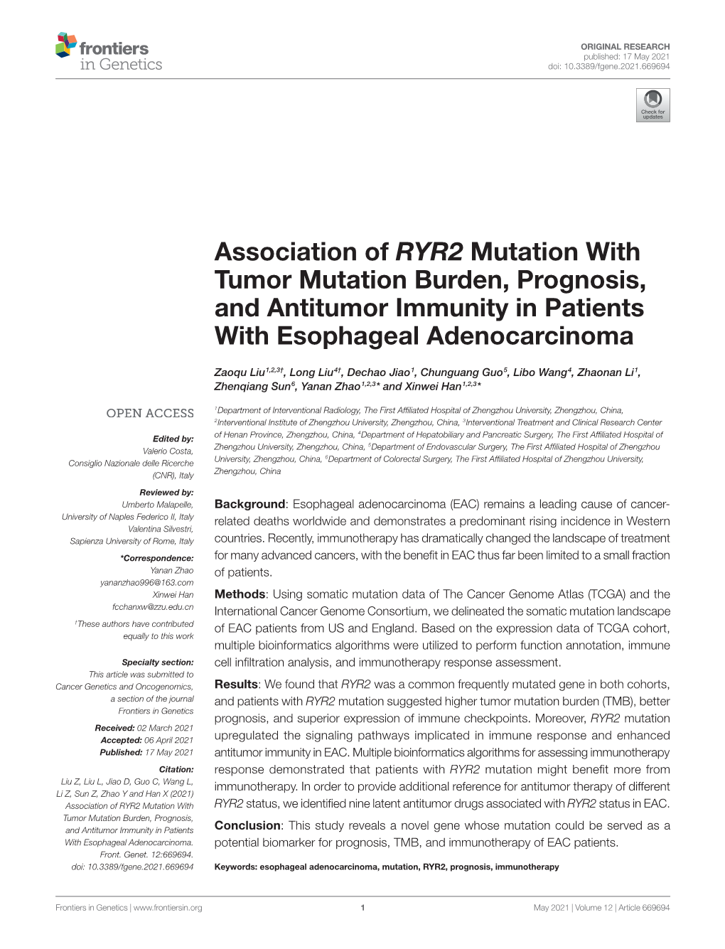 Association of ﻿RYR2﻿ Mutation with Tumor Mutation Burden, Prognosis