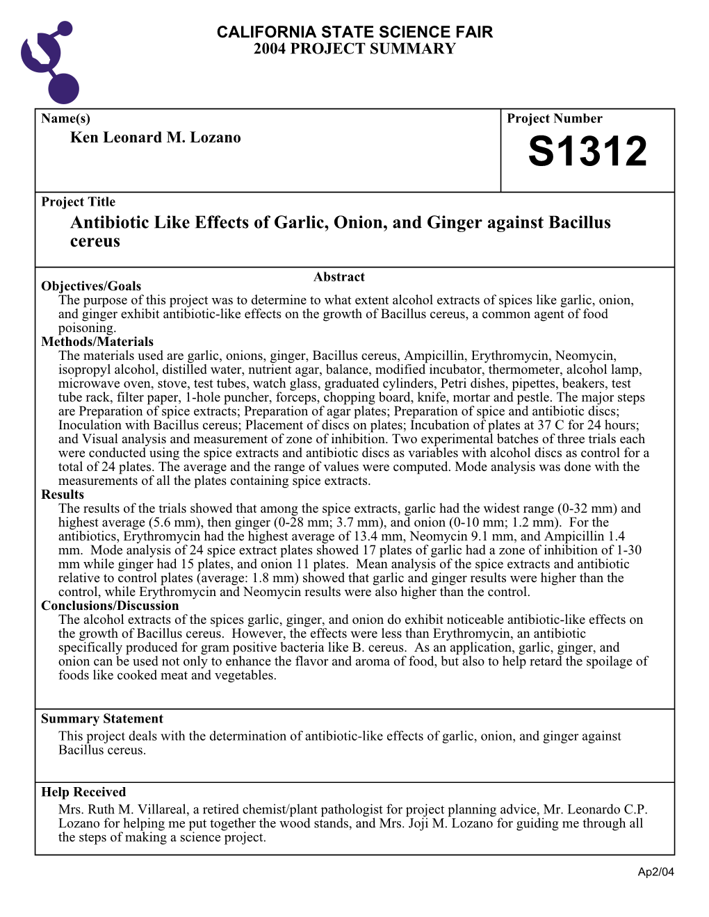 Antibiotic Like Effects of Garlic, Onion, and Ginger Against Bacillus Cereus