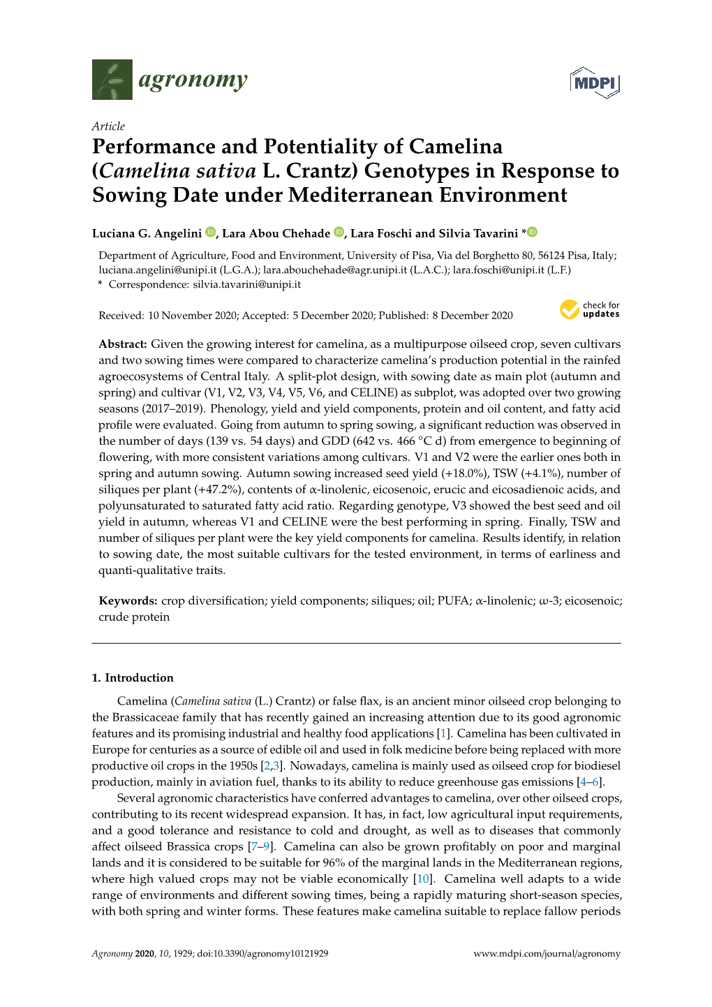 Camelina Sativa L. Crantz) Genotypes in Response to Sowing Date Under Mediterranean Environment