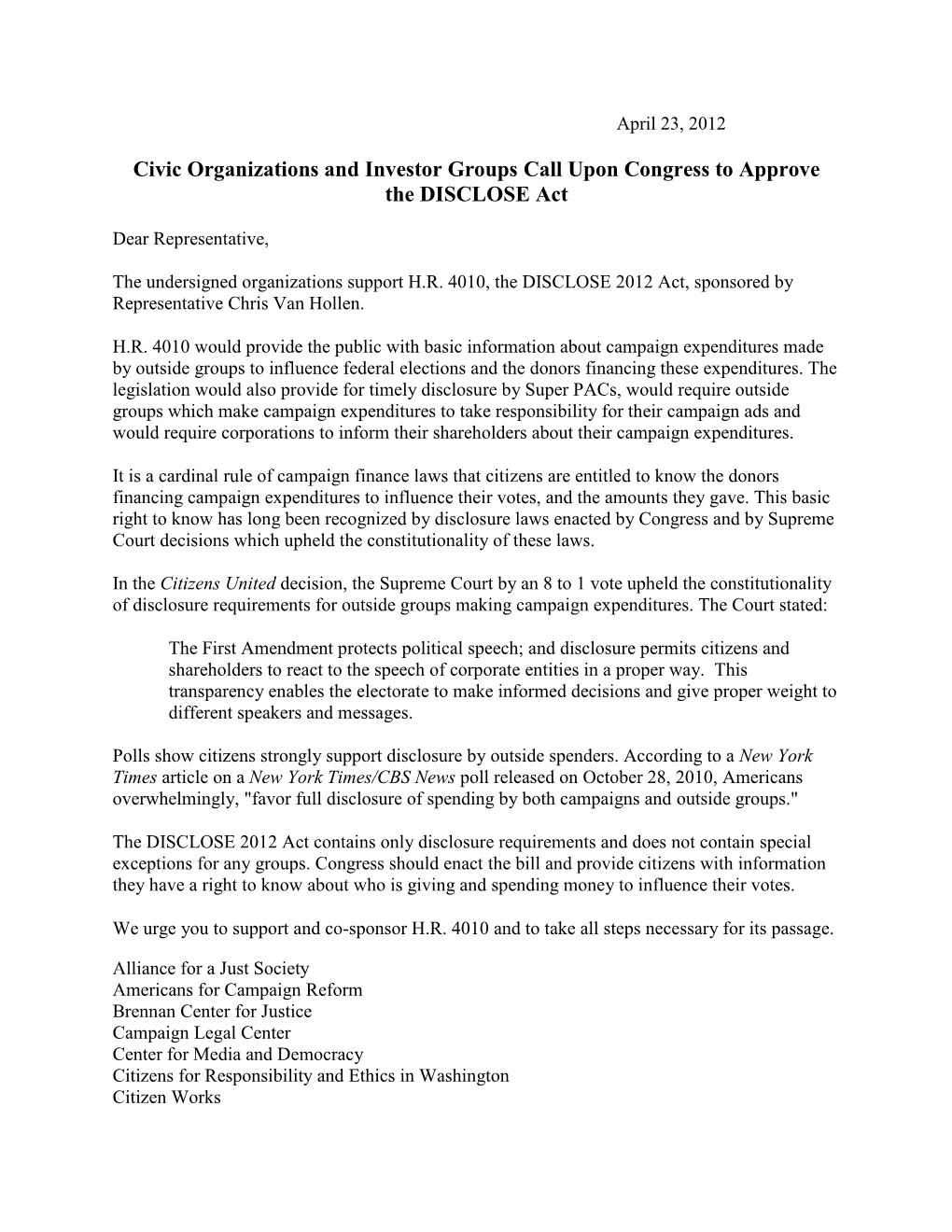 Civic Organizations and Investor Groups Call Upon Congress to Approve the DISCLOSE Act