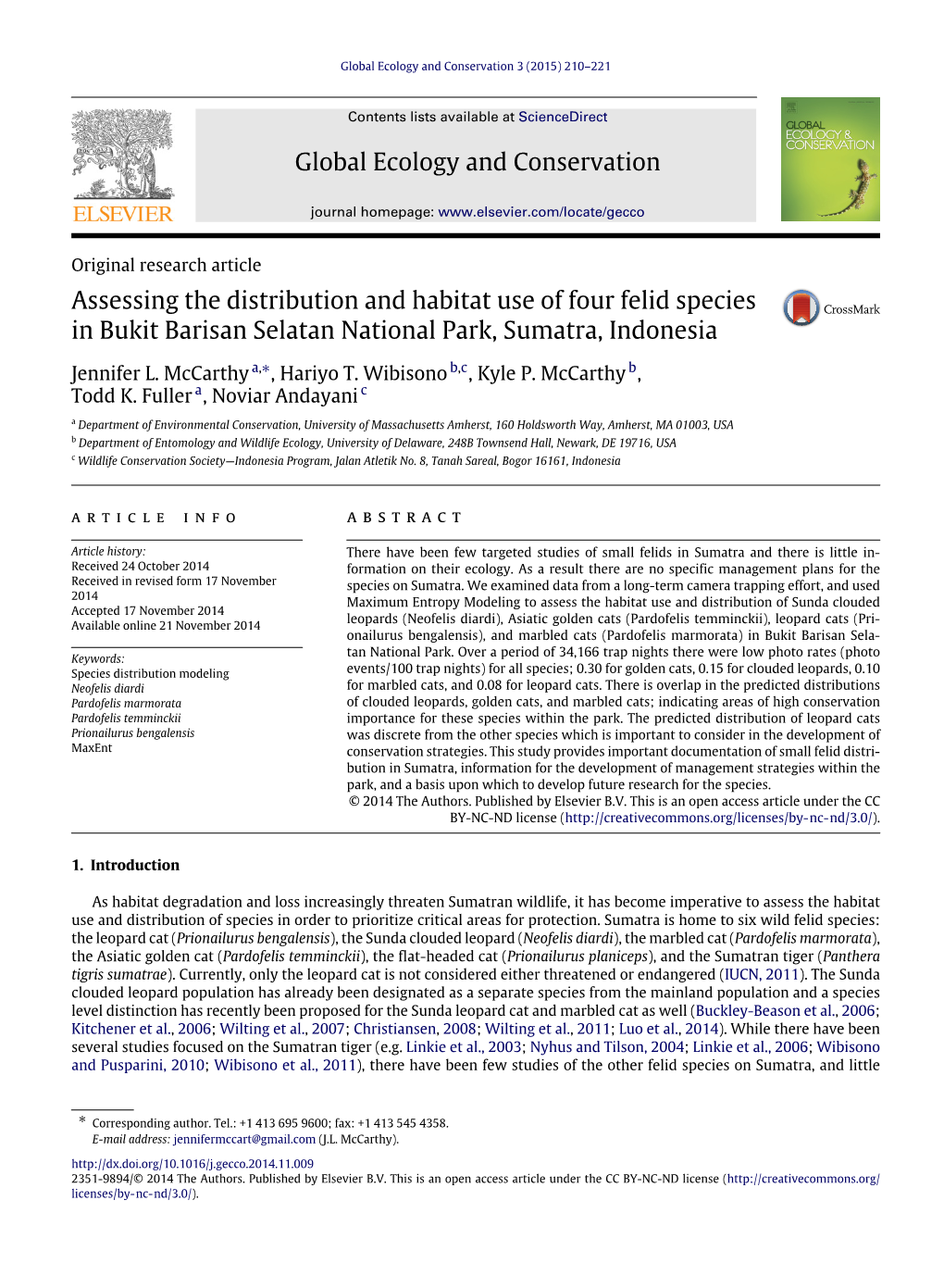 Assessing the Distribution and Habitat Use of Four Felid Species in Bukit Barisan Selatan National Park, Sumatra, Indonesia