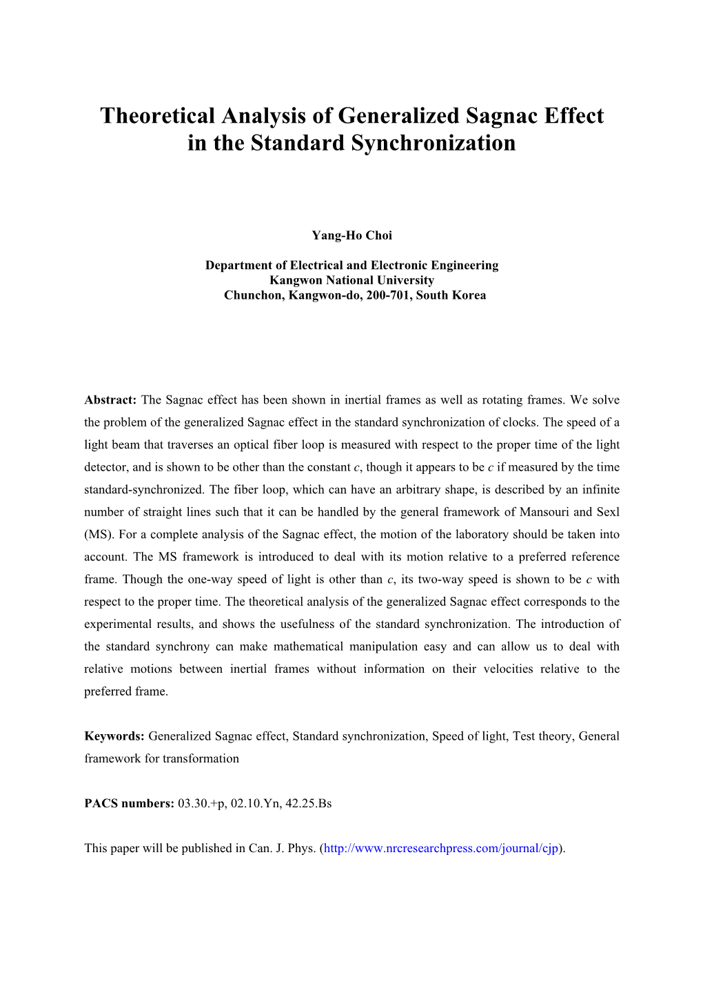 Theoretical Analysis of Generalized Sagnac Effect in the Standard Synchronization