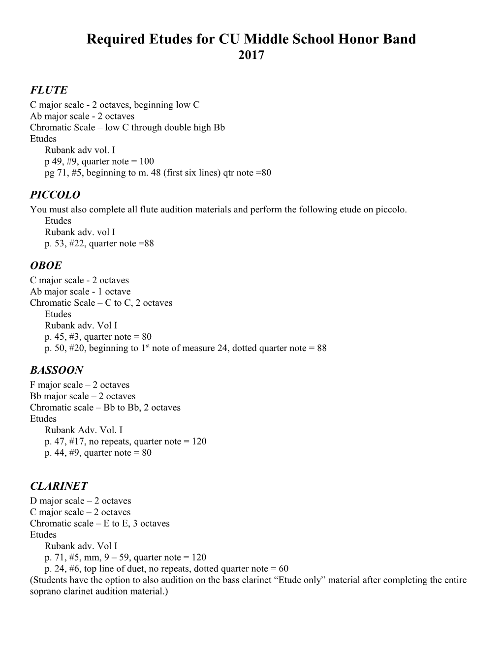 Required Etudes for CU Middle School Honor Band