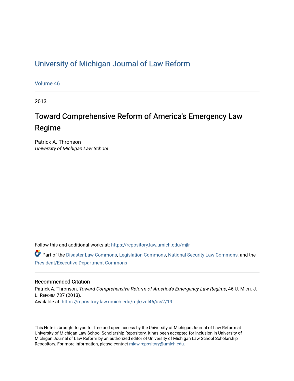 Toward Comprehensive Reform of America's Emergency Law Regime