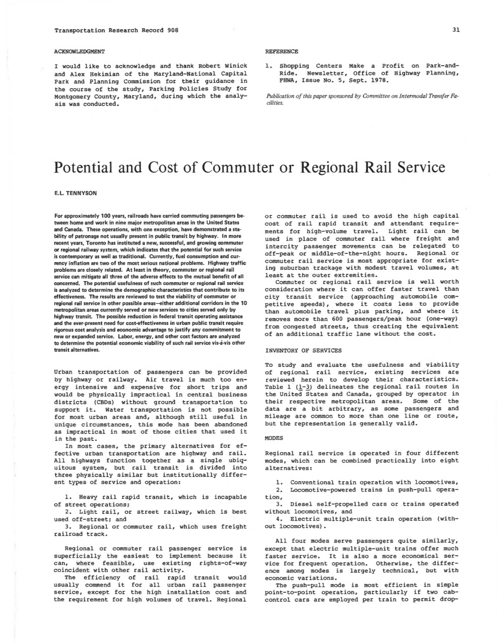 Potential and Cost of Commuter Or Regional Rail Service
