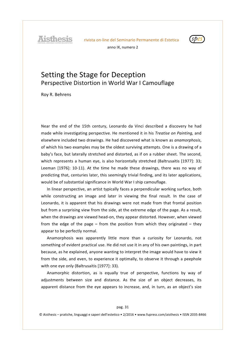 Setting the Stage for Deception Perspective Distortion in World War I Camouflage