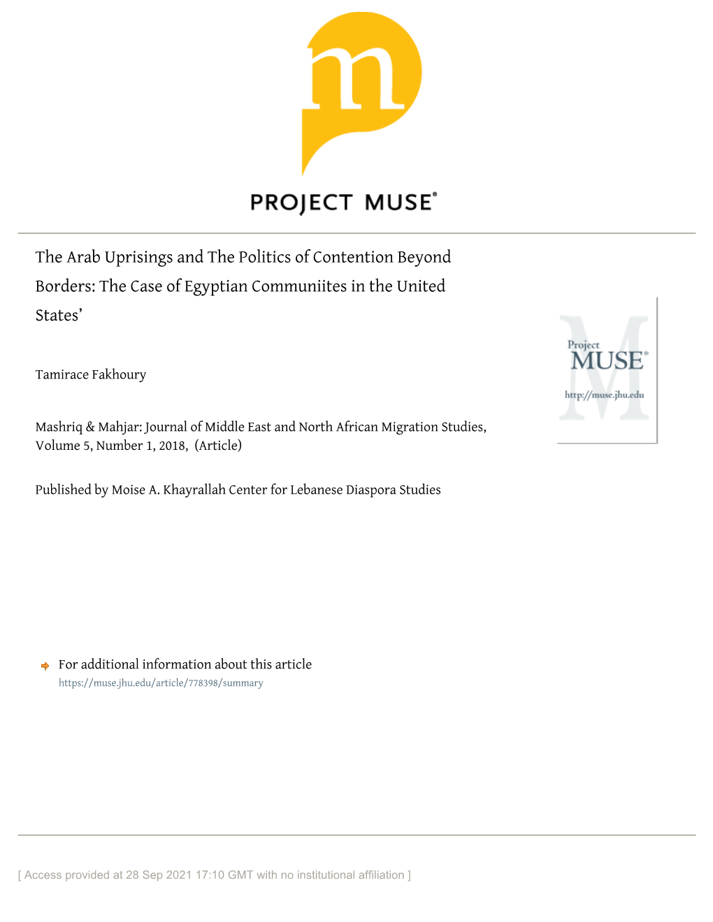 The Arab Uprisings and the Politics of Contention Beyond Borders: the Case of Egyptian Communiites in the United States’