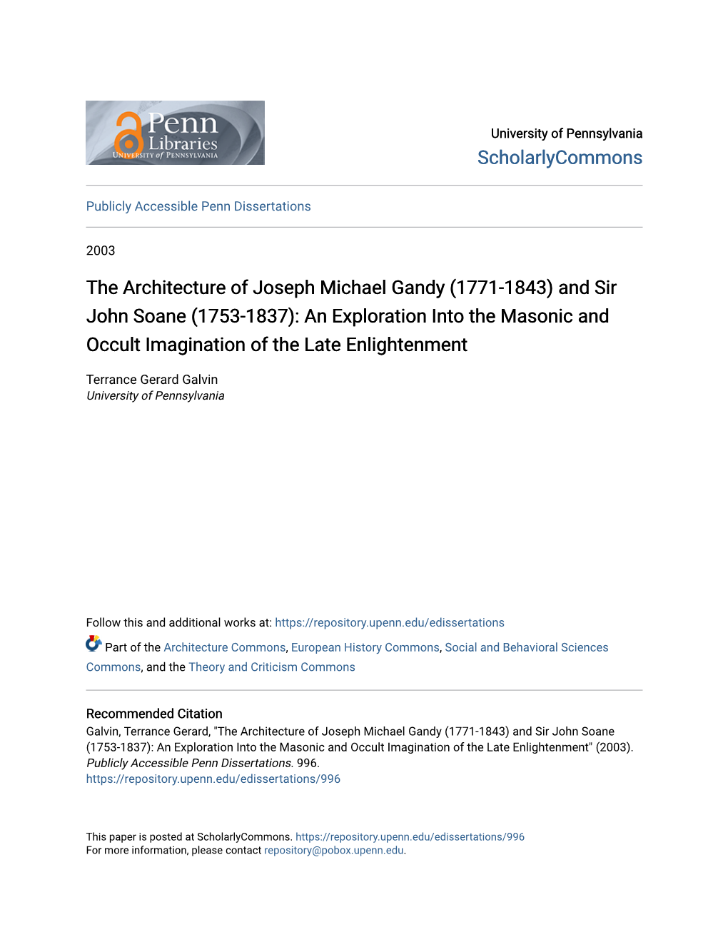 The Architecture of Joseph Michael Gandy (1771-1843) and Sir John Soane (1753-1837): an Exploration Into the Masonic and Occult Imagination of the Late Enlightenment