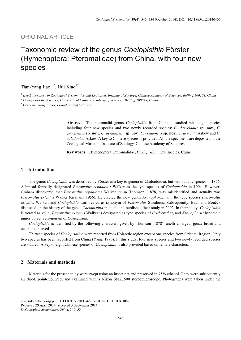 Taxonomic Review of the Genus Coelopisthia Förster (Hymenoptera: Pteromalidae) from China, with Four New Species