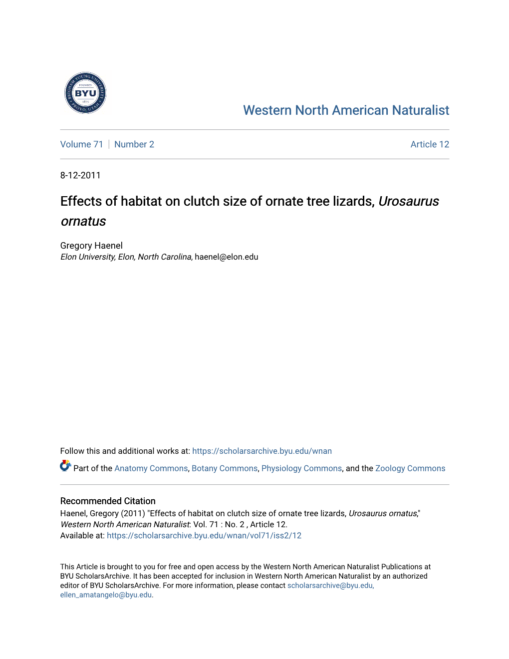 Effects of Habitat on Clutch Size of Ornate Tree Lizards, Urosaurus Ornatus