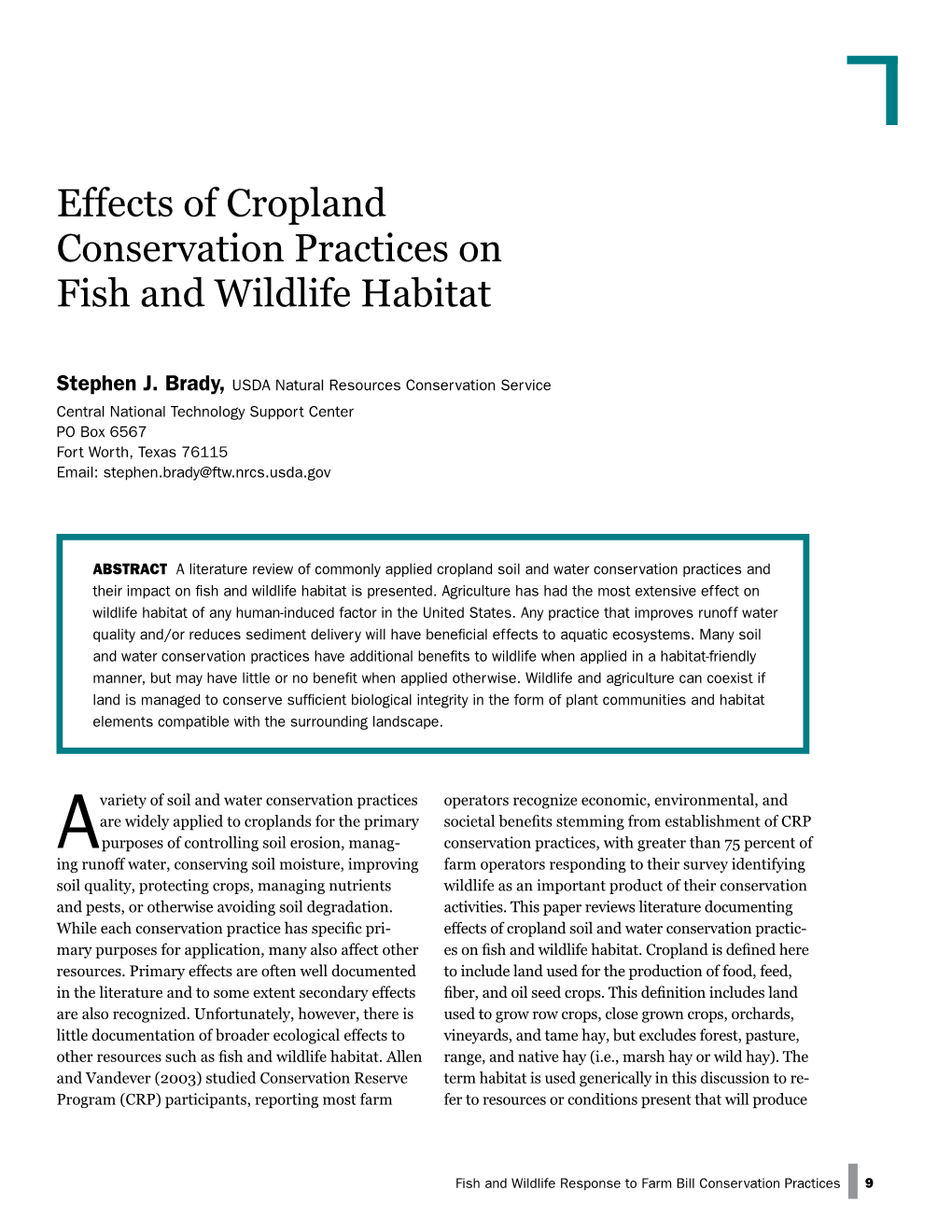 Effects of Cropland Conservation Practices on Fish and Wildlife Habitat