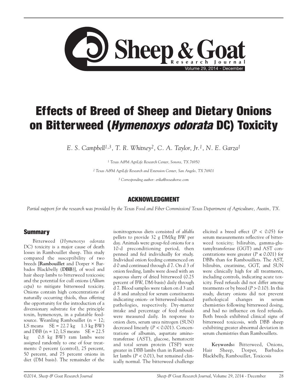 Effects of Breed of Sheep and Dietary Onions on Bitterweed (Hymenoxys Odorata DC) Toxicity