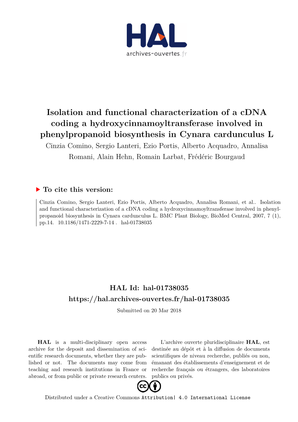 Isolation and Functional Characterization of a Cdna Coding A