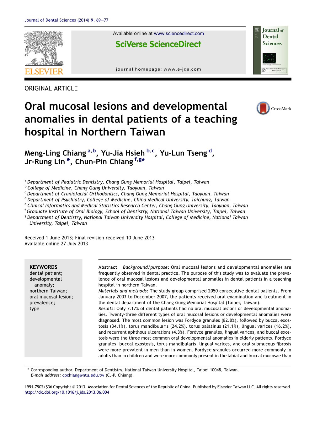 Oral Mucosal Lesions and Developmental Anomalies in Dental Patients of a Teaching Hospital in Northern Taiwan