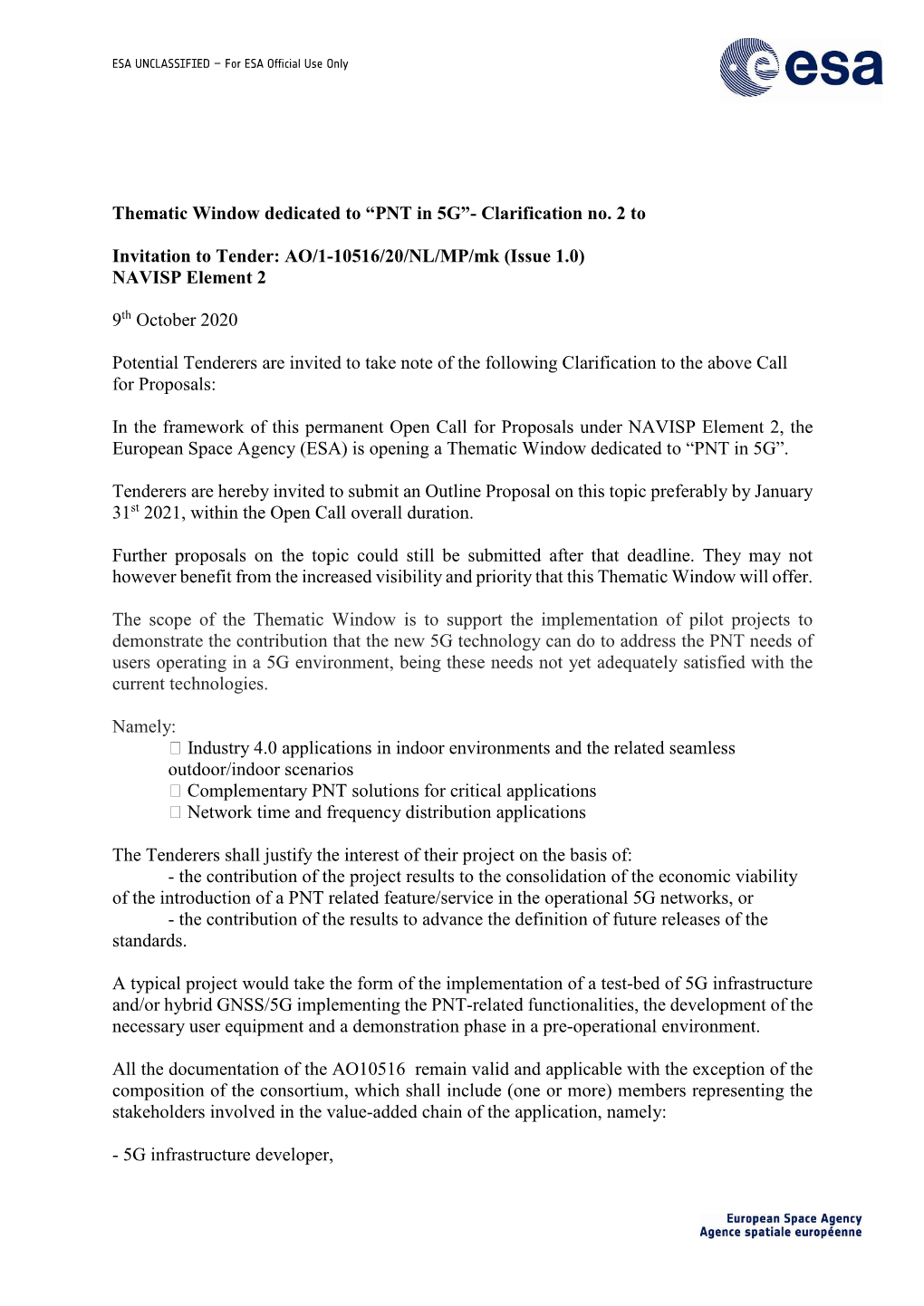 “PNT in 5G”- Clarification No. 2 to Invitation to Tender: AO/1-10516/20