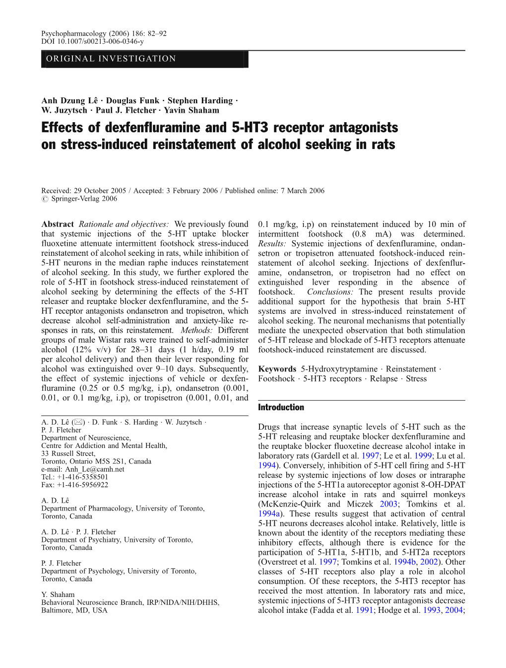 Effects of Dexfenfluramine and 5-HT3 Receptor Antagonists on Stress-Induced Reinstatement of Alcohol Seeking in Rats