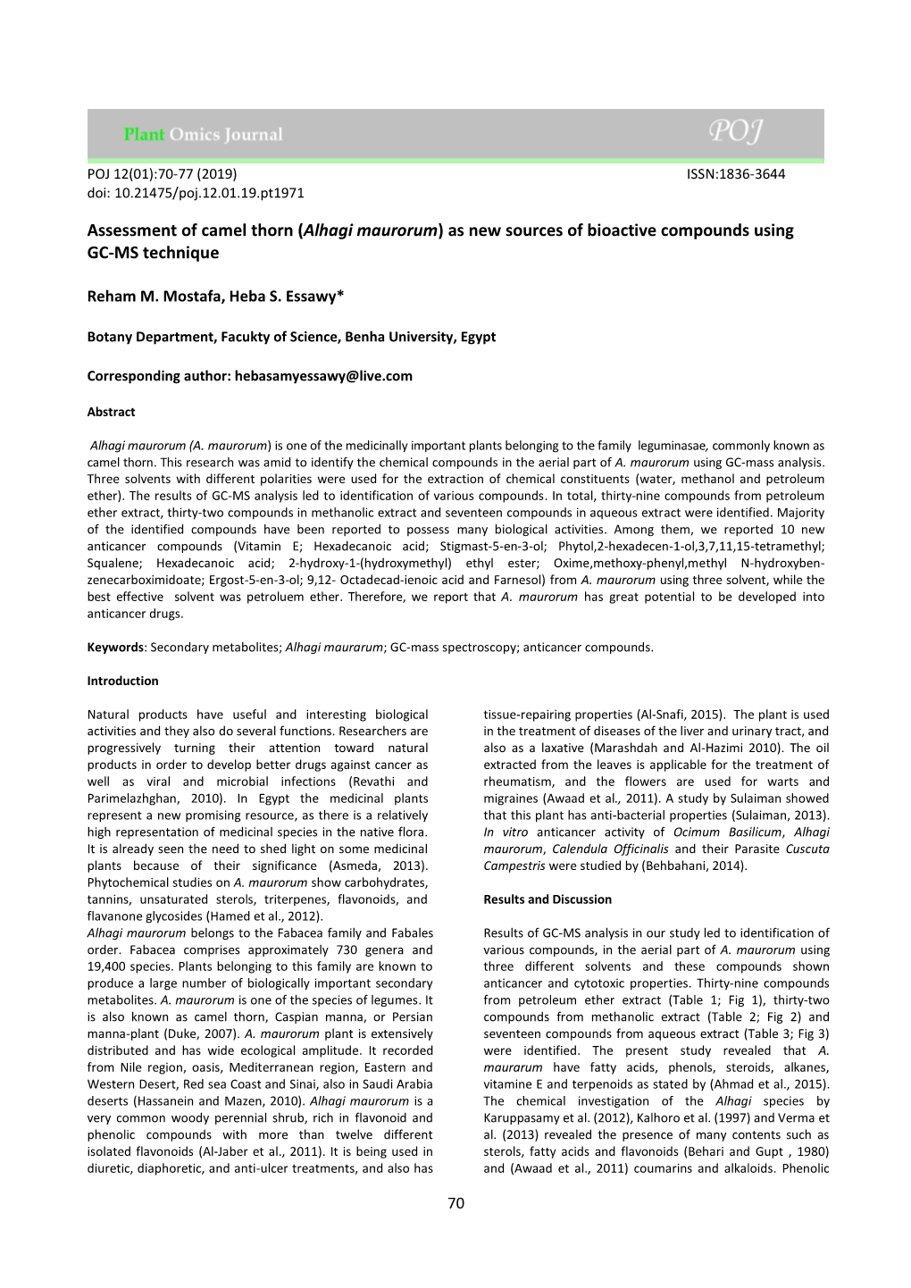 (Alhagi Maurorum) As New Sources of Bioactive Compounds Using GC-MS Technique