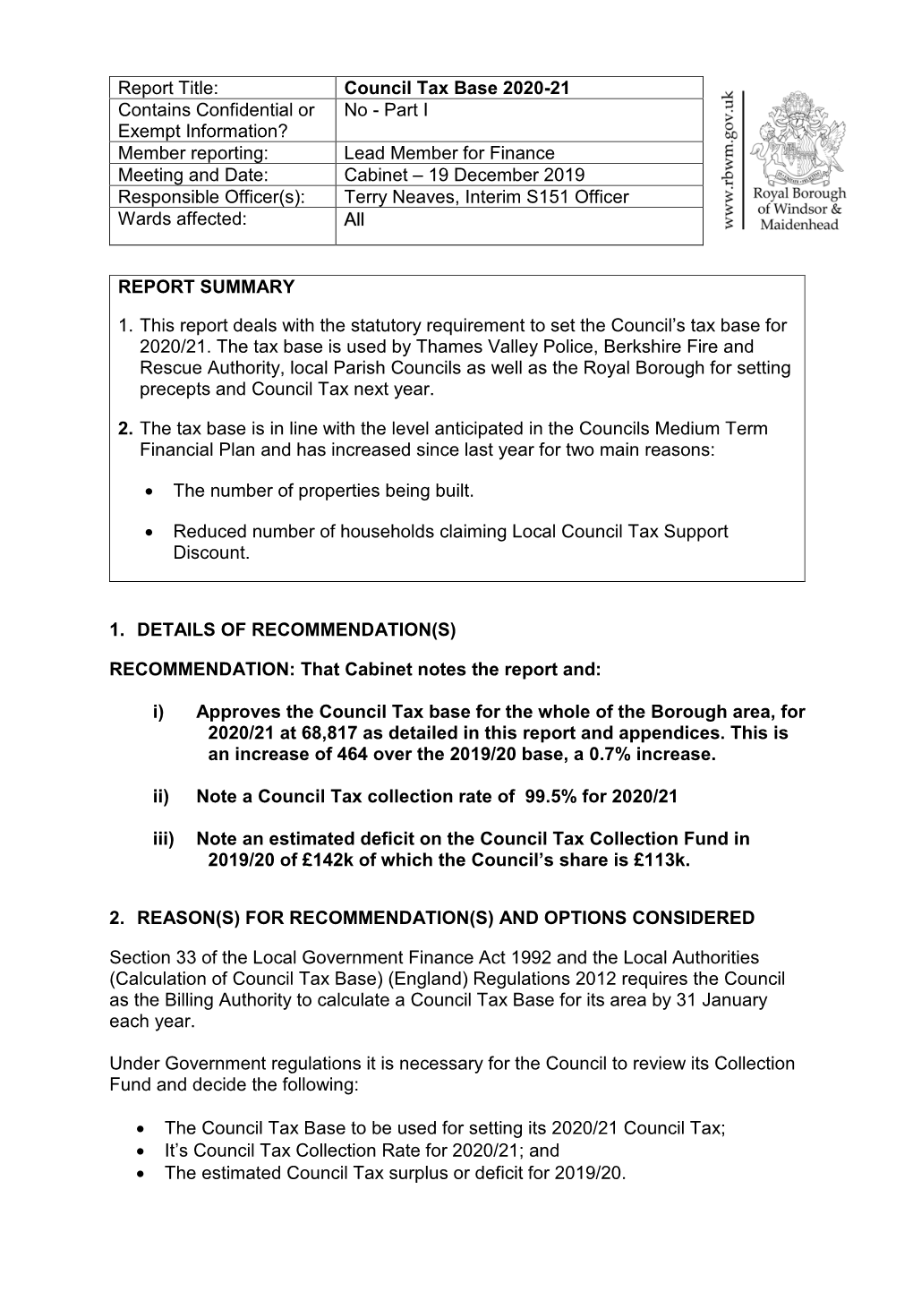 Council Tax Base 2020-21 Contains Confidential Or Exempt Information?