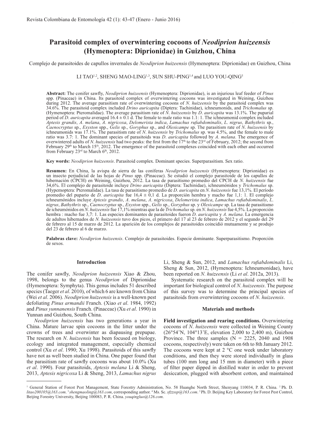 Parasitoid Complex of Overwintering Cocoons of Neodiprion Huizeensis (Hymenoptera: Diprionidae) in Guizhou, China