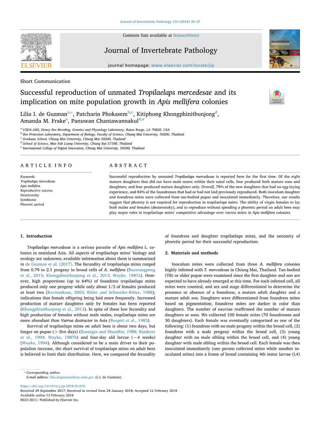 Successful Reproduction of Unmated Tropilaelaps Mercedesae and Its Implication on Mite Population Growth in Apis Mellifera Colon