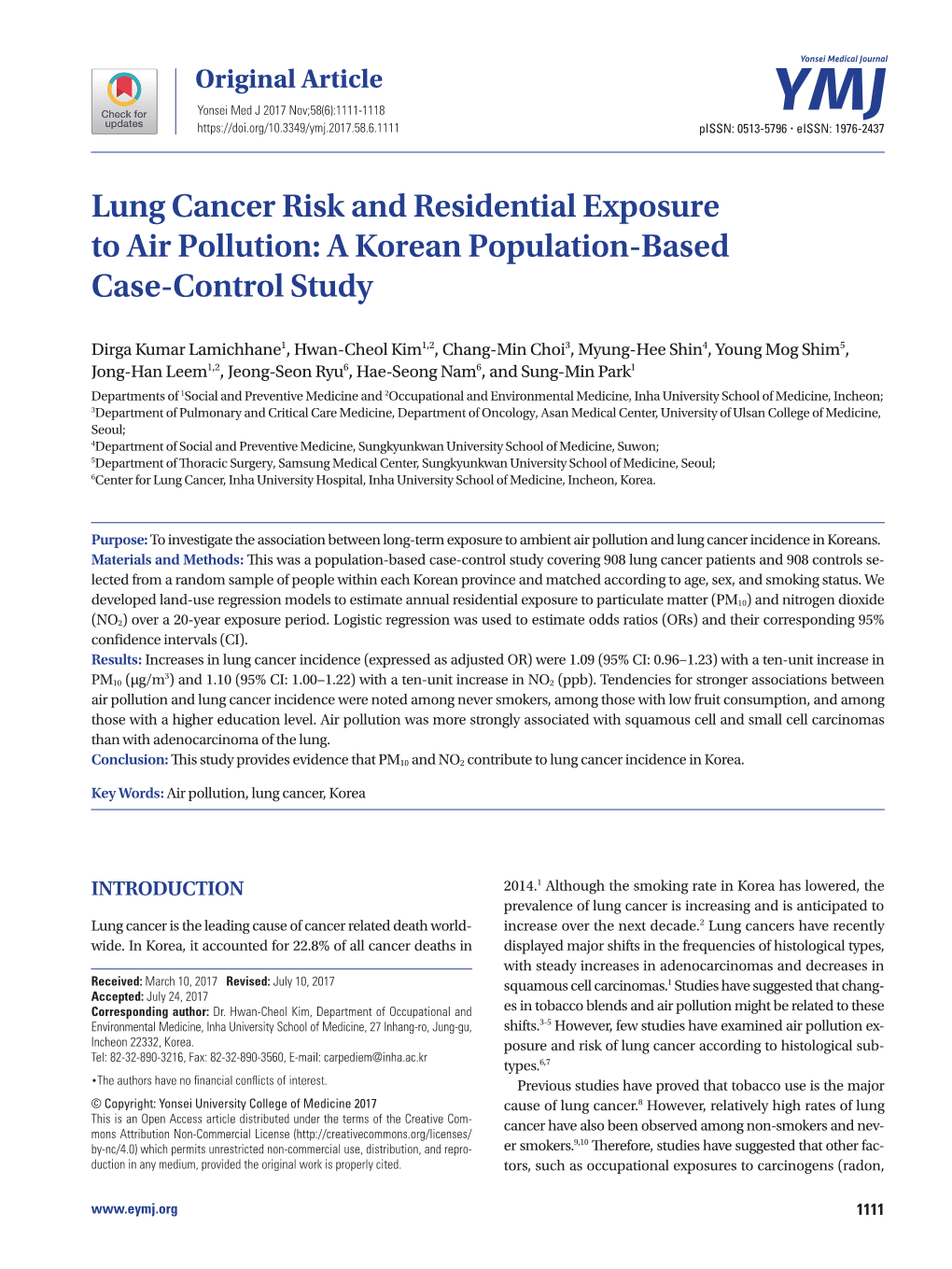 Lung Cancer Risk and Residential Exposure to Air Pollution: a Korean Population-Based Case-Control Study