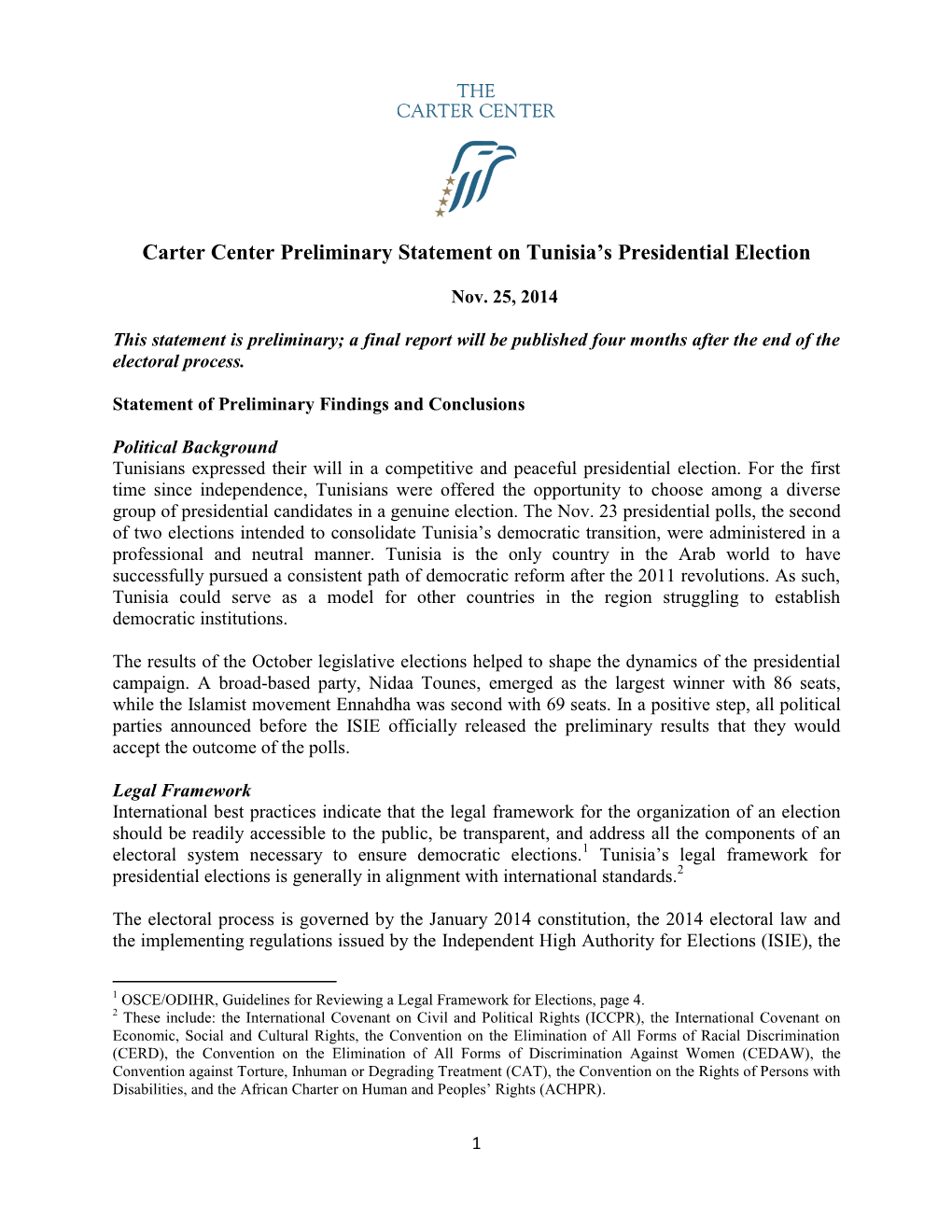 Carter Center Preliminary Statement on Tunisia's Presidential Election