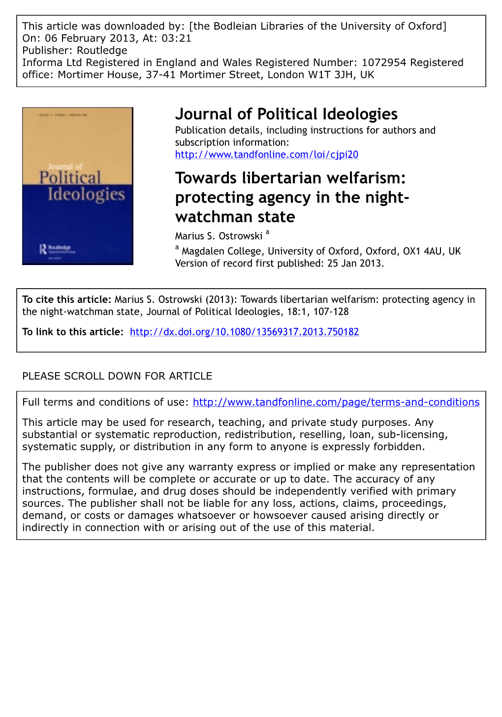 Towards Libertarian Welfarism: Protecting Agency in the Night- Watchman State Marius S