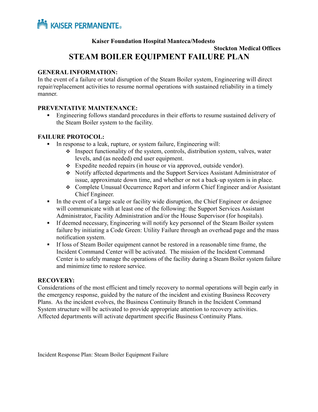 Steam Boiler Equipment Failure Plan