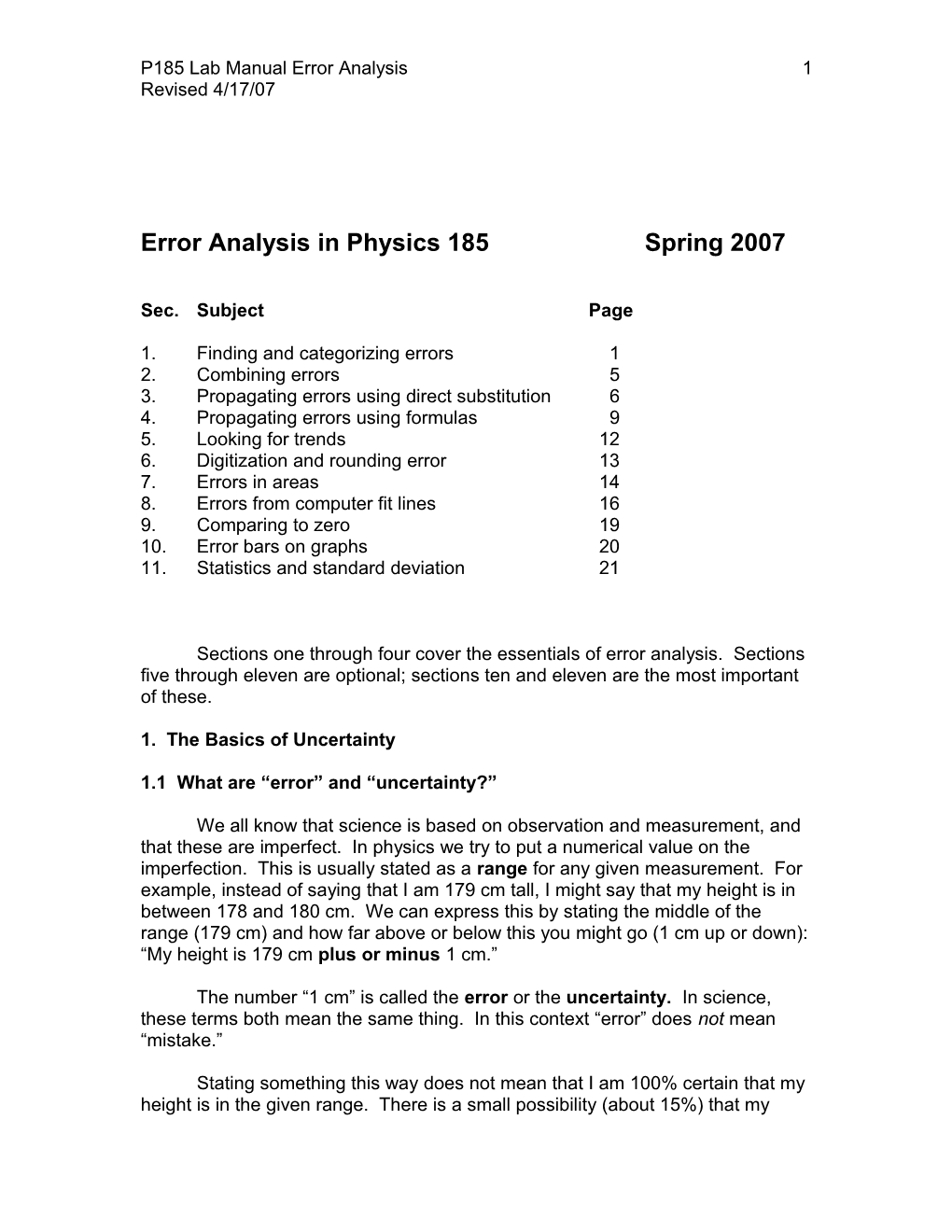 Error Analysis in Physics 185