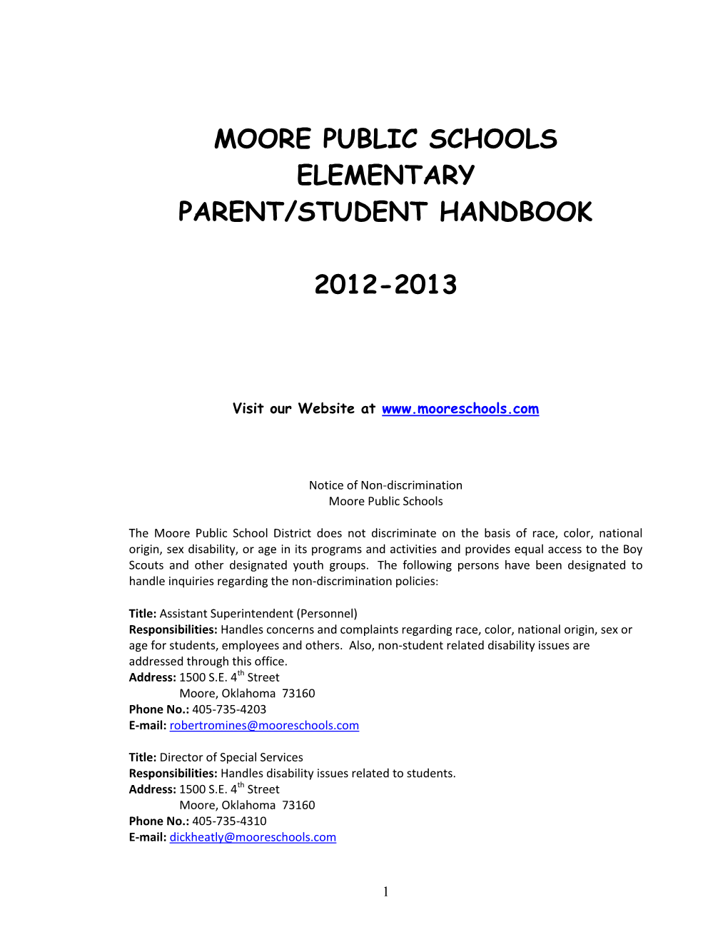 Moore Public Schools Elementary Parent/Student Handbook 2012-2013