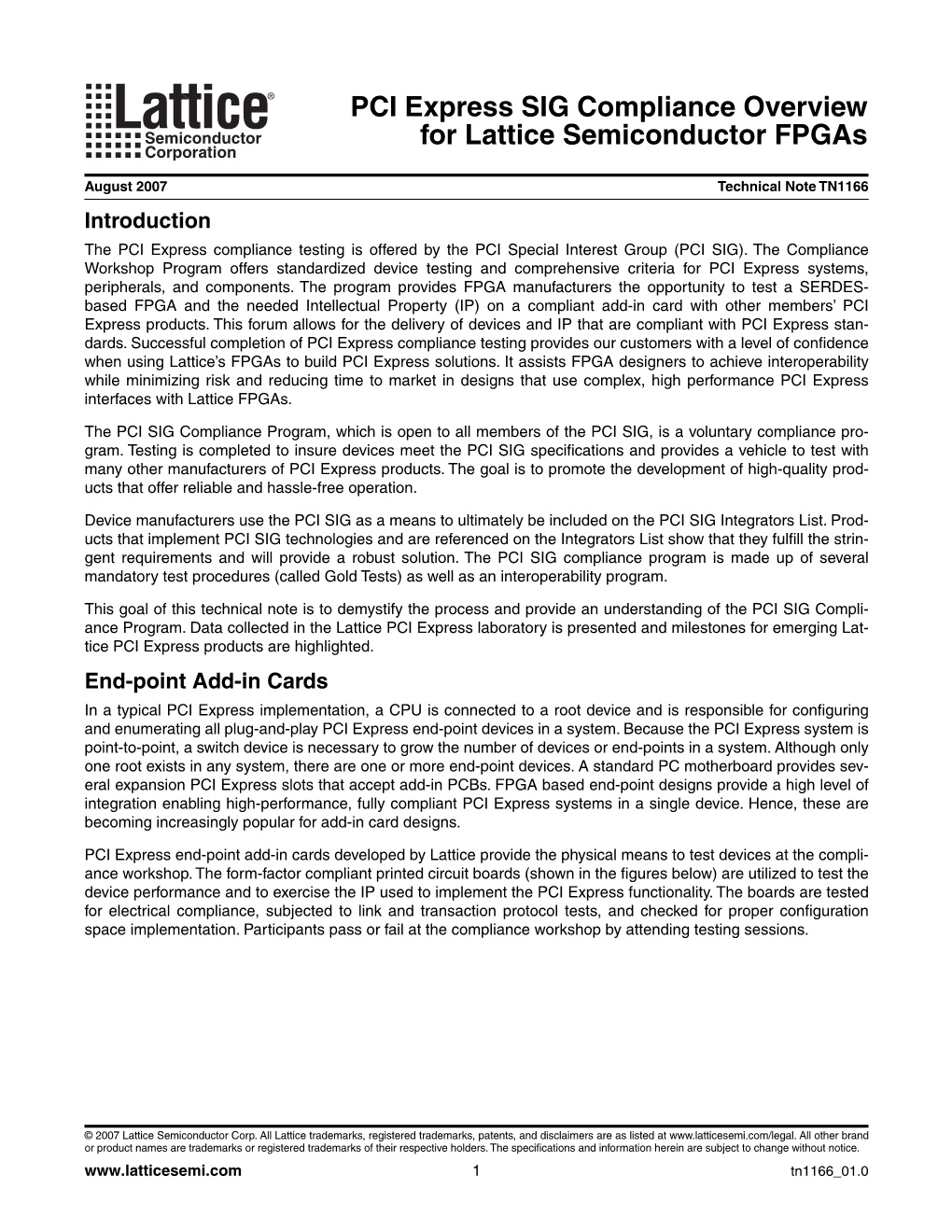 PCI Express SIG Compliance Overview for Lattice Semiconductor Fpgas