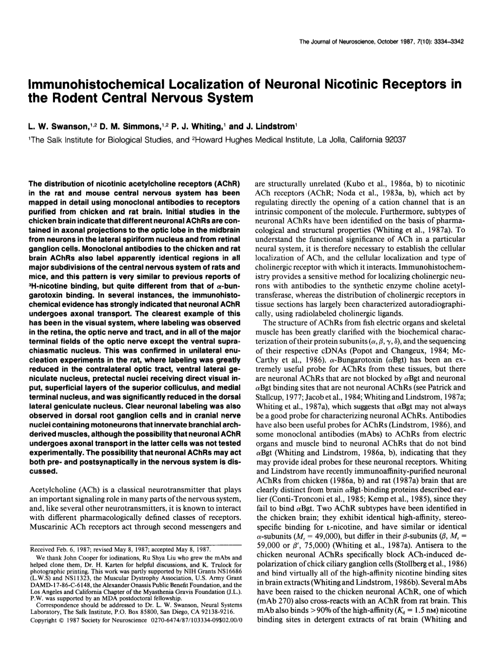 Lmmunohistochemical Localization of Neuronal Nicotinic Receptors in the Rodent Central Nervous System