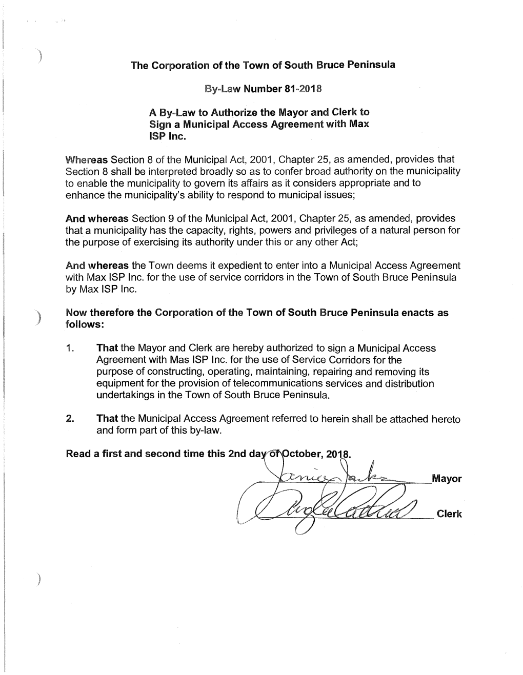 The Corporation of the Town of South Bruce Peninsula By-Law Number