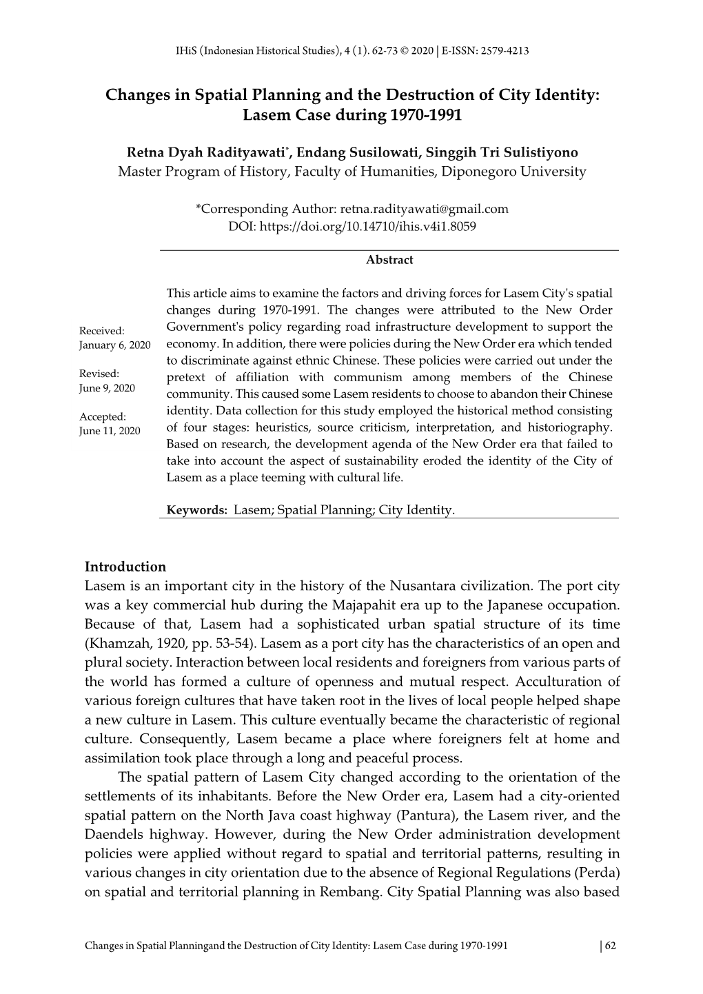 Changes in Spatial Planning and the Destruction of City Identity: Lasem Case During 1970-1991