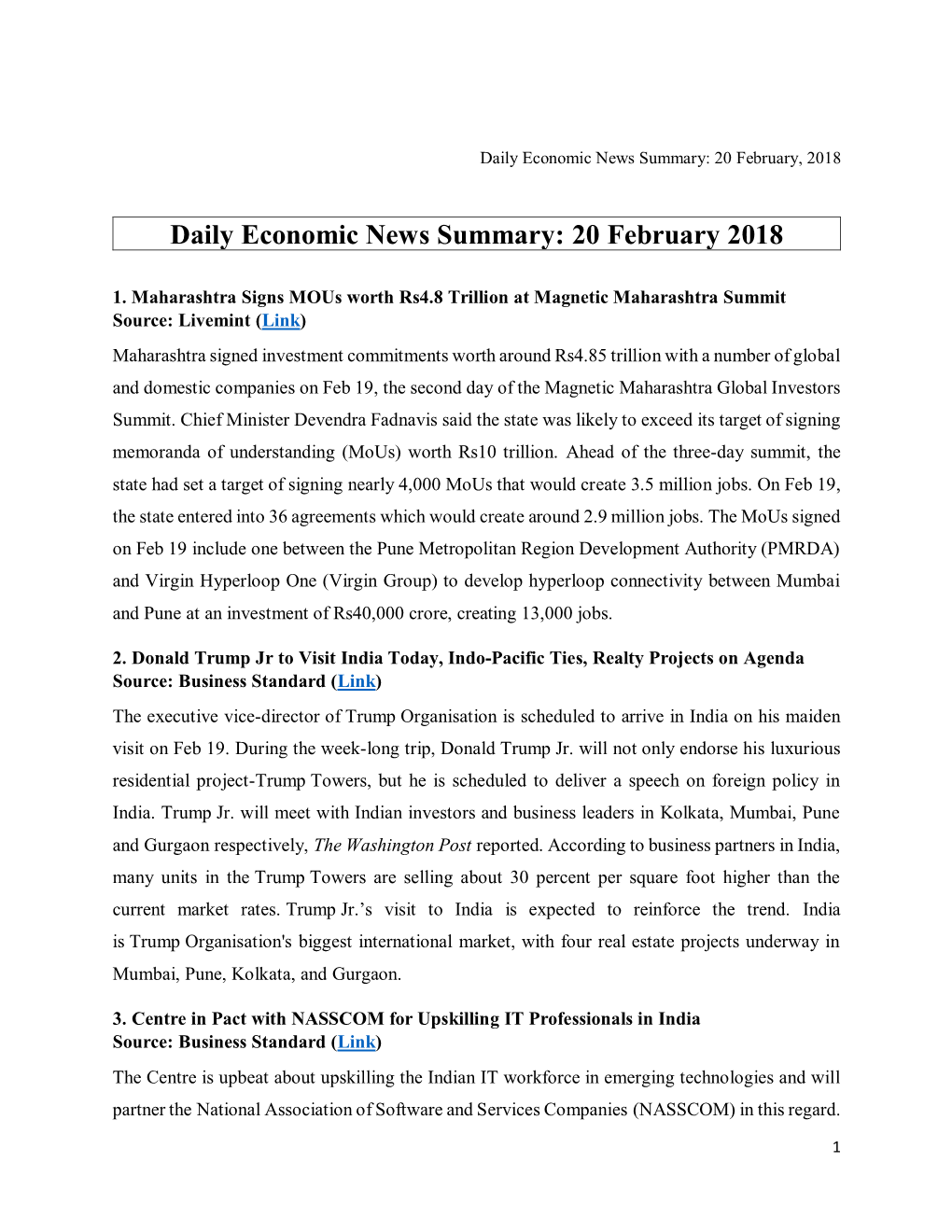 Daily Economic News Summary: 20 February 2018