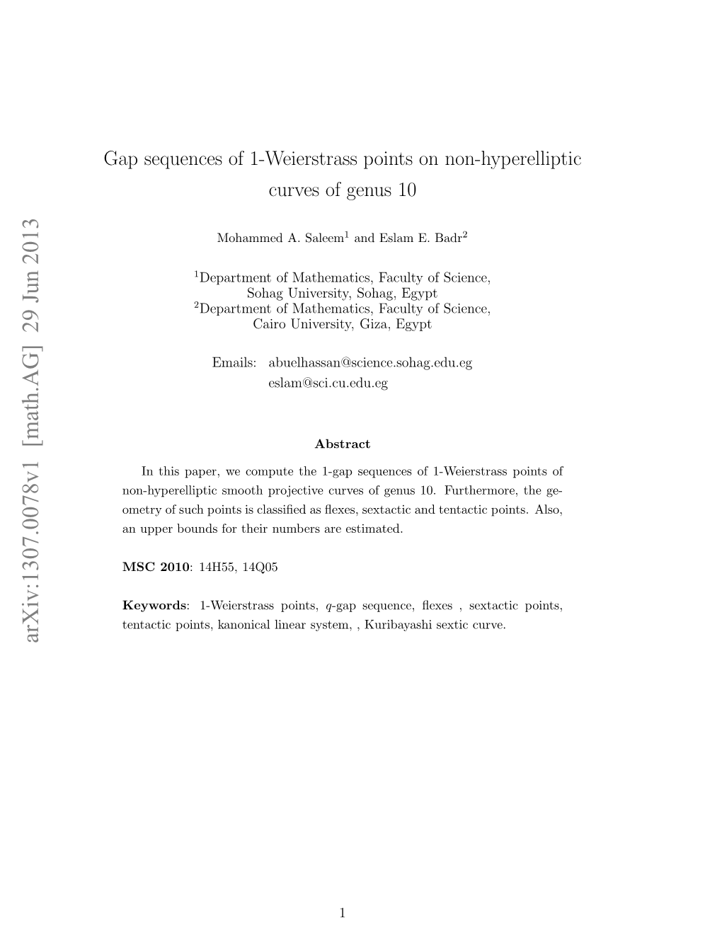 Gap Sequences of 1-Weierstrass Points on Non-Hyperelliptic Curves