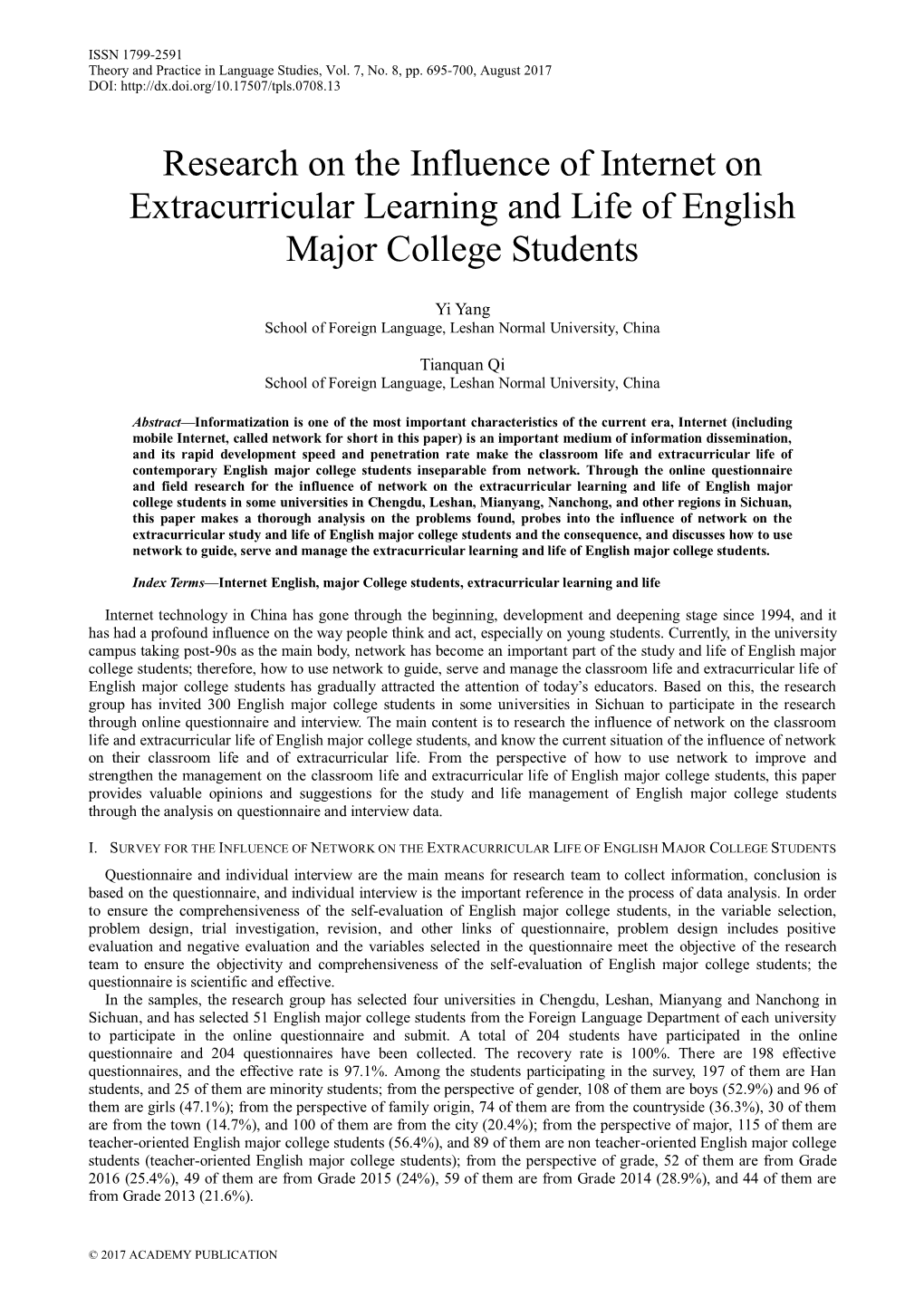 Research on the Influence of Internet on Extracurricular Learning and Life of English Major College Students