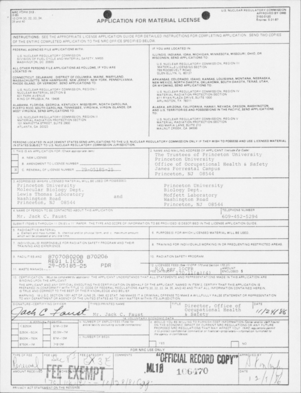 Application for Renewal of License 29-05185-25,Authorizing Use Of